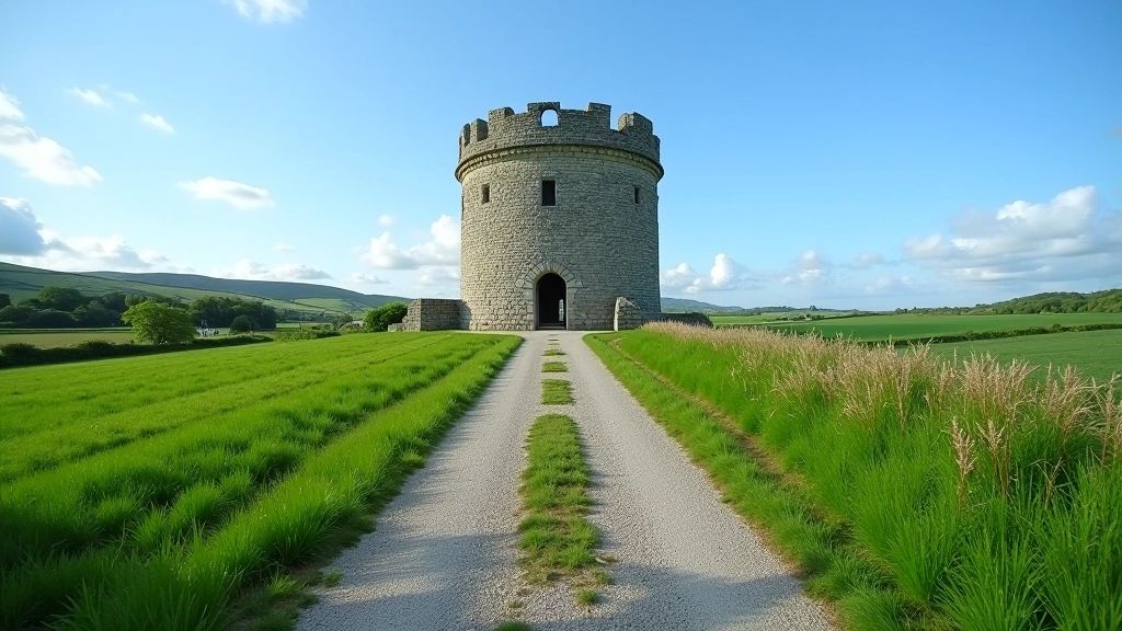 Ancient stone monastic tower rising above green fields with cycling path visible in foreground