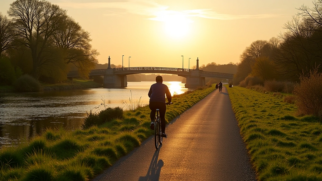 Athlone town bridge spanning the Shannon river with cyclist approaching on tree-lined towpath, sunset golden light