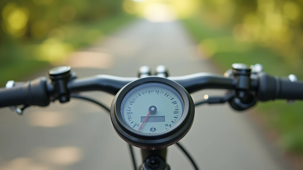 Close-up of bicycle handlebars and odometer showing distance measurement on cycling computer