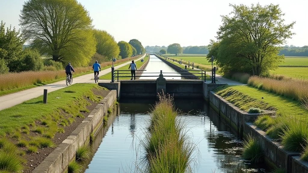 Lock gates and waterway with cyclists on towpath, peaceful rural setting with reeds