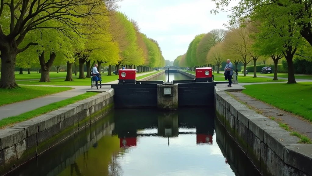 Canal towpath with historic lock gates and still water reflecting trees, waterside vegetation