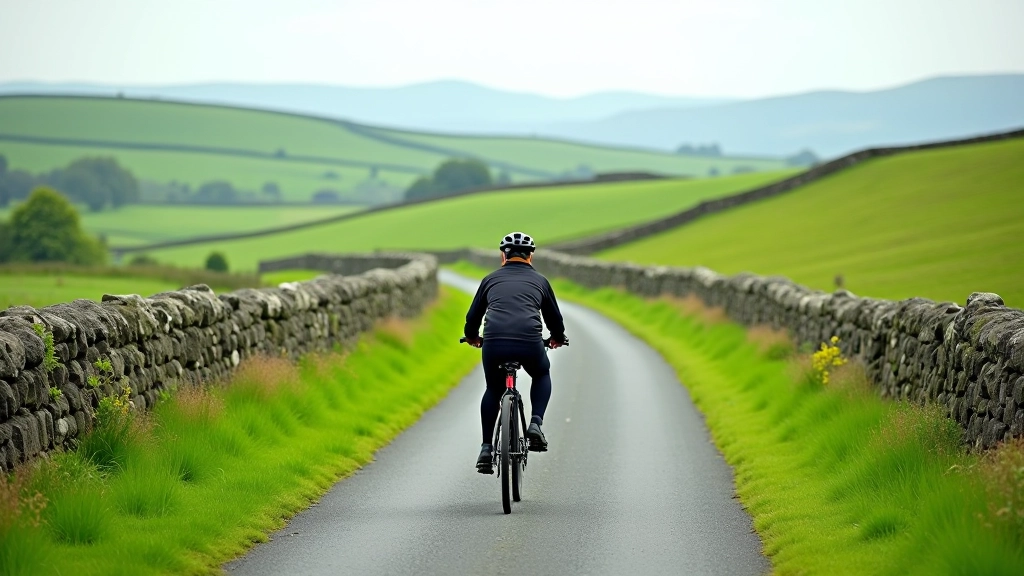 Scenic cycling path winding through green rolling countryside with stone walls and distant hills