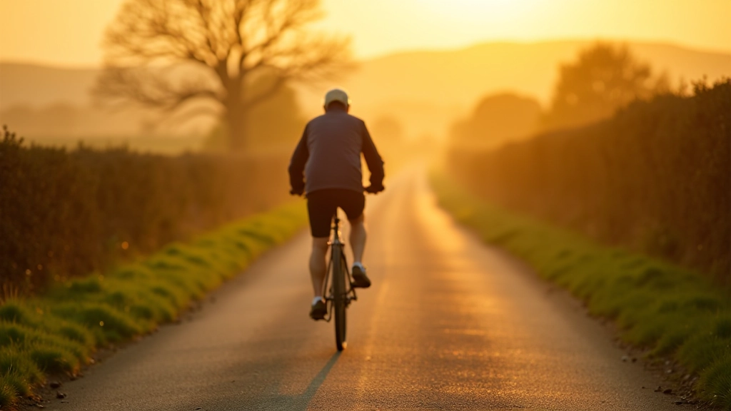 Cyclist on quiet country lane lined with hedgerows, rural Offaly landscape, golden hour light