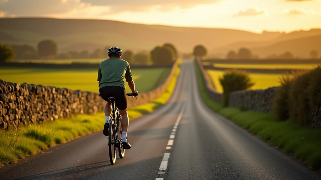 Rural Irish landscape with rolling hills and a cyclist on a quiet country road, golden light filtering through clouds