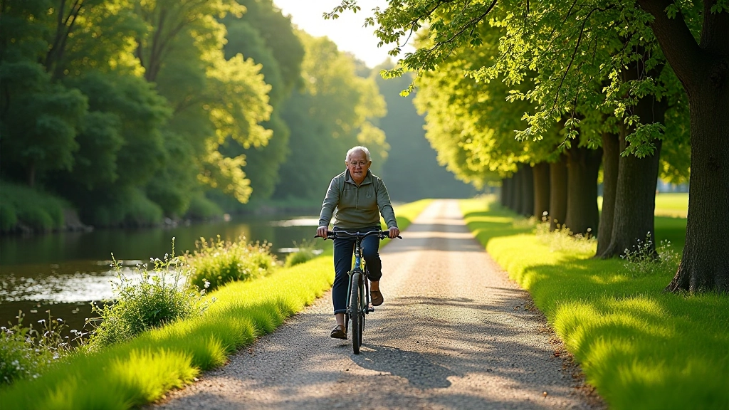 Gravel towpath running alongside calm river water with mature trees providing shade on both banks