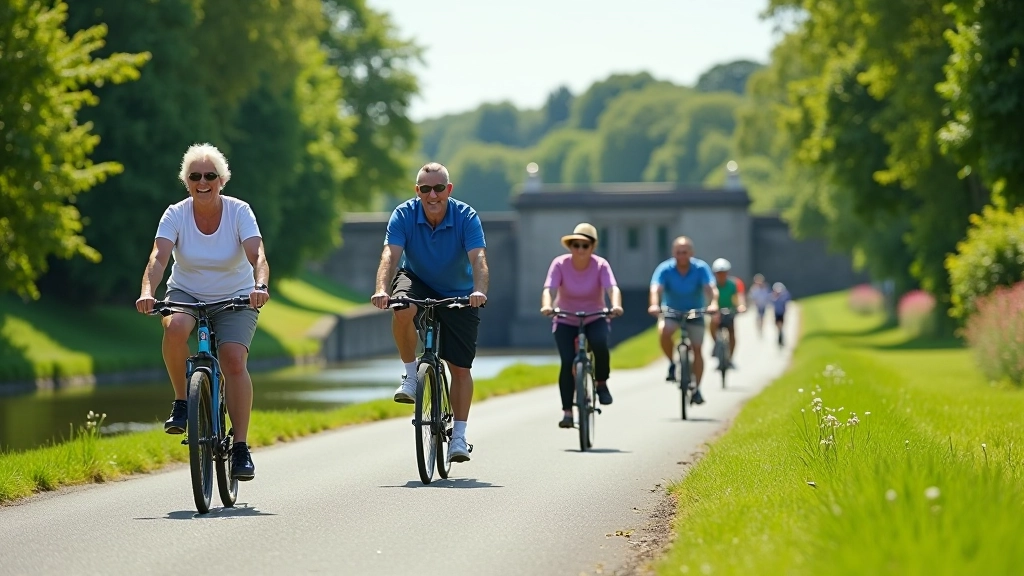 Senior cyclists riding on a scenic towpath beside the Shannon River