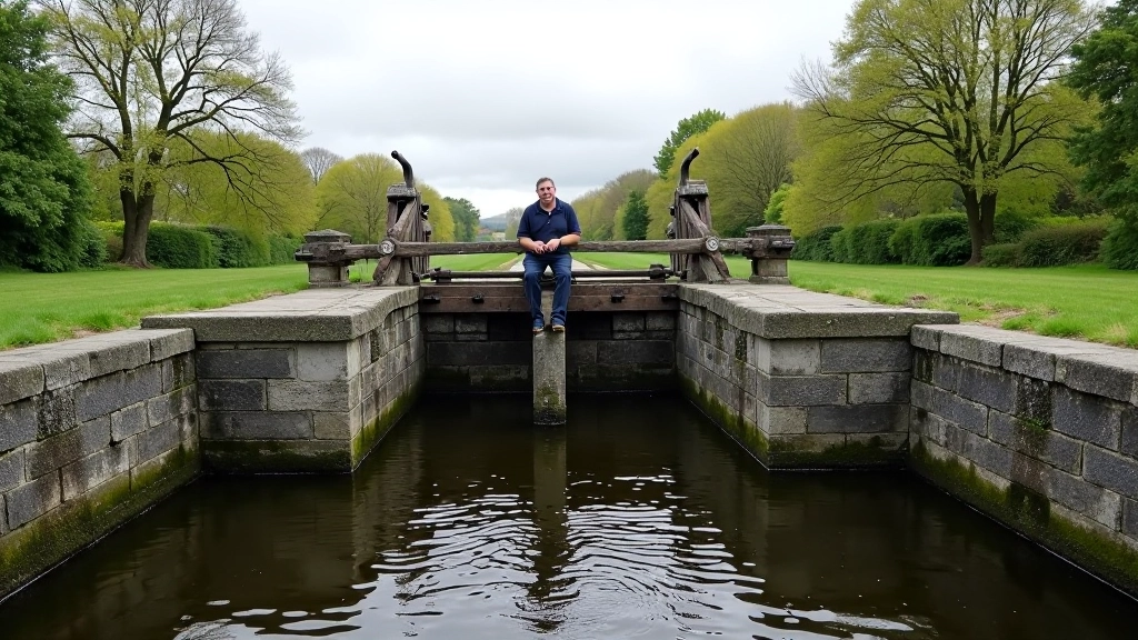 Historic wooden lock gates on canal with stone walls, water flowing through, lush green vegetation beside towpath