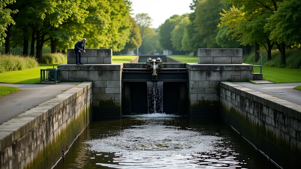 Historic stone lock gates alongside canal with water flowing through mechanical system