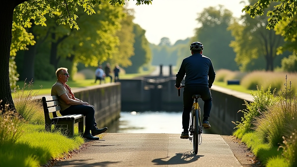 Historic lock keeper cottage beside canal lock system with cyclist resting nearby, pastoral countryside backdrop