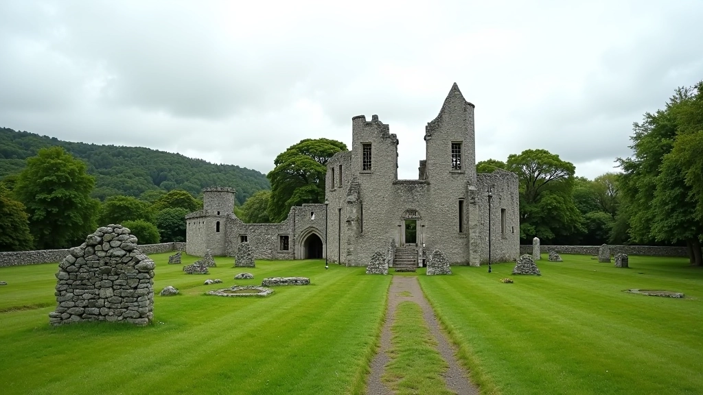 Historic round tower and ancient stone ruins of a monastery, green fields in background, dramatic sky
