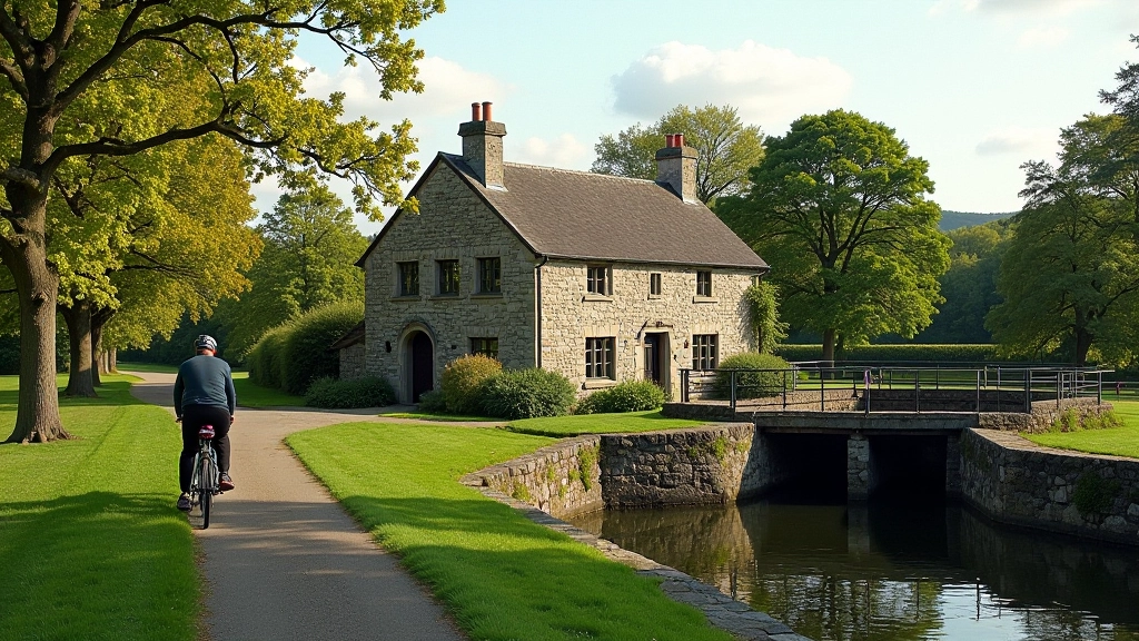 Historic stone lock keeper's cottage beside a canal lock system with water flowing through gates