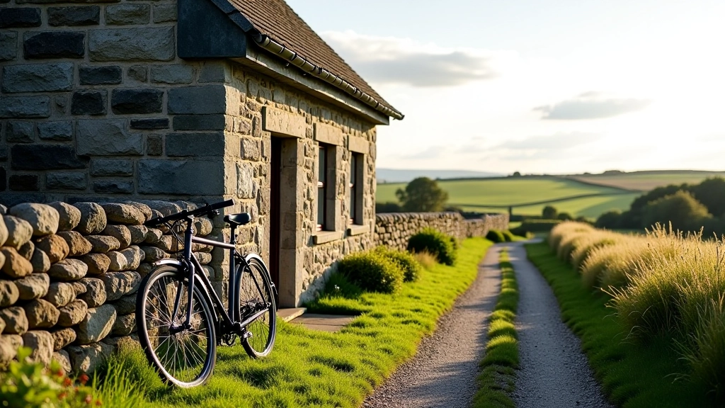 Historic stone building with bicycle leaning against the wall in the Irish countryside