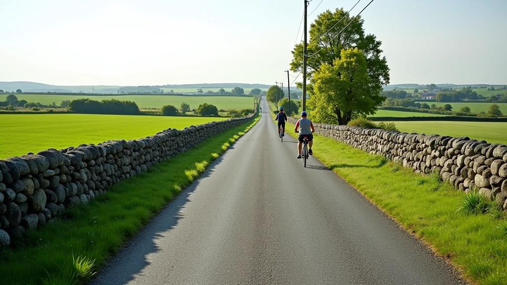 Quiet rural road lined with stone walls, no cars visible, safe cycling environment through Irish countryside