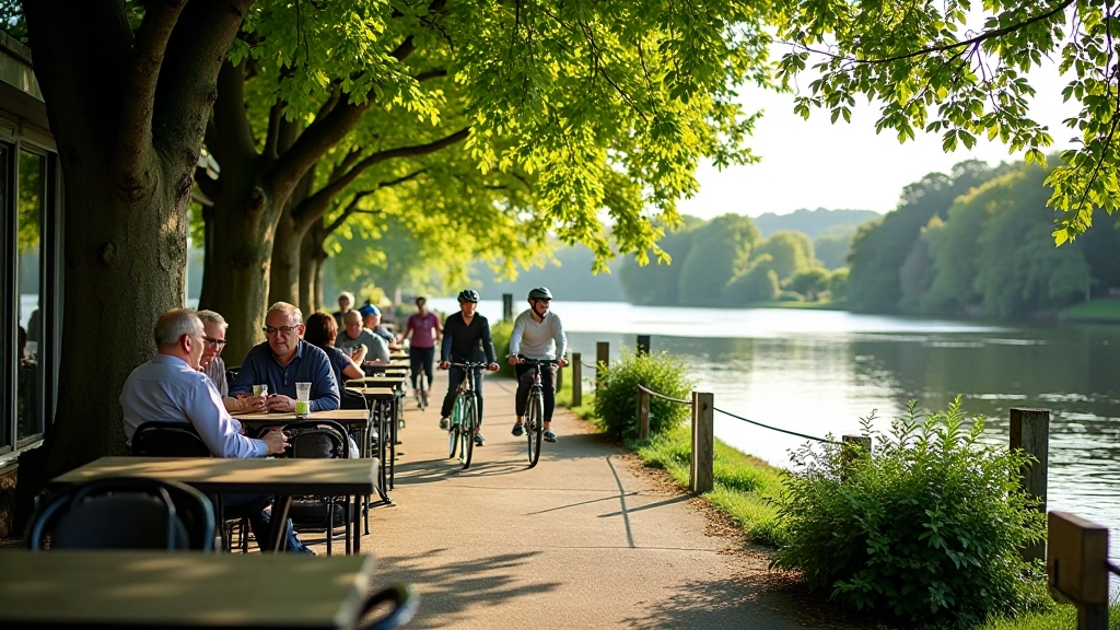 Peaceful riverside café seating area with cyclists resting, trees overhead, calm water view, quiet countryside setting