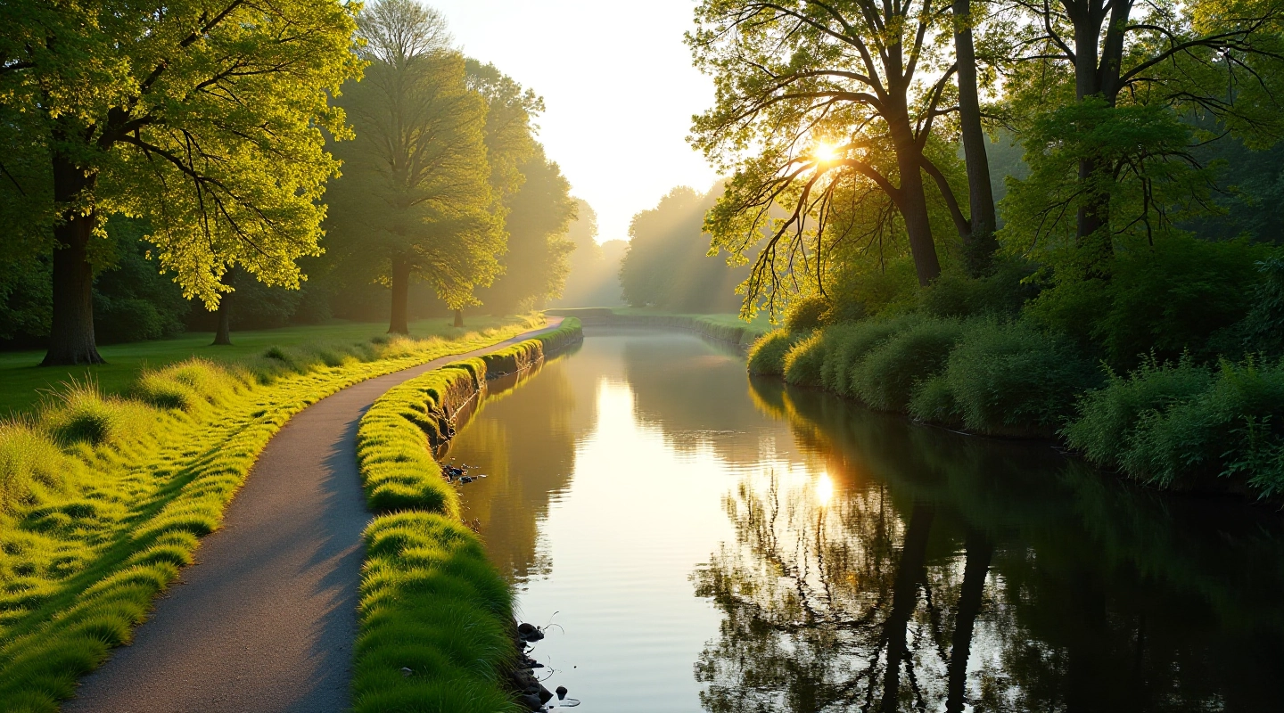 Scenic view of the Shannon towpath with green banks and calm water reflecting trees