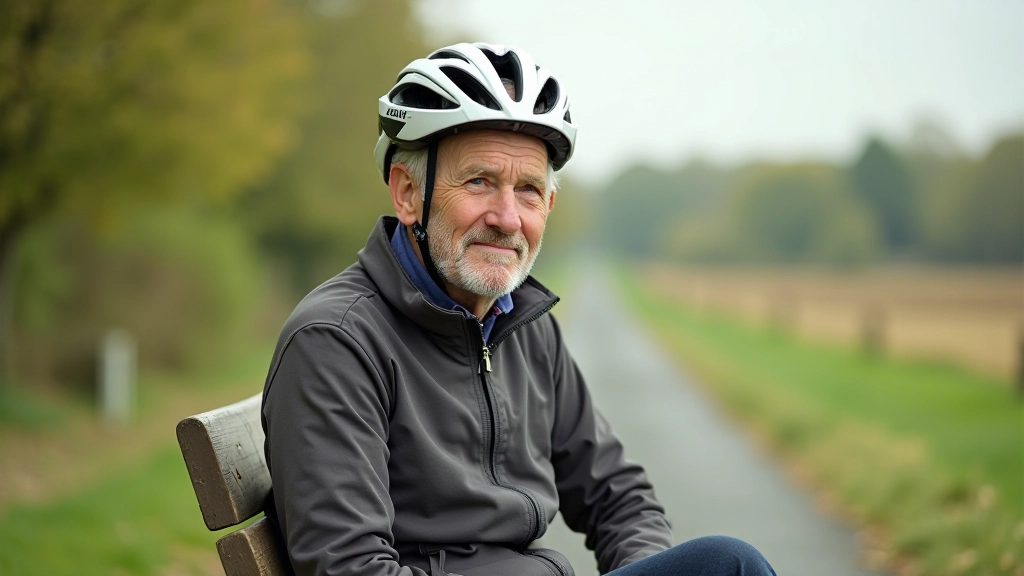 Cyclist resting on rural roadside bench with countryside landscape visible in background