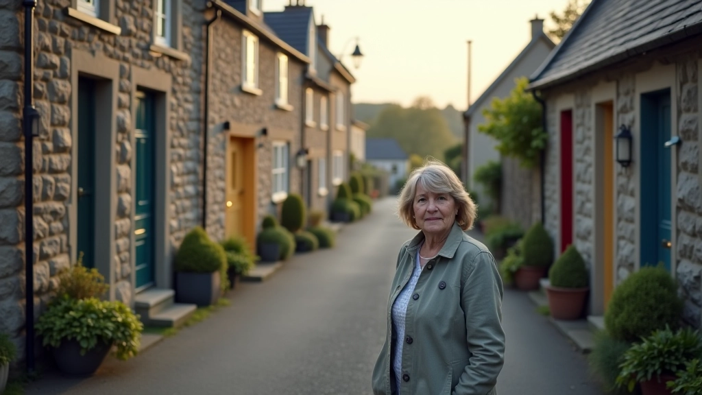 Stone village buildings with colourful doors and windows, traditional Irish architecture, quiet street with minimal traffic