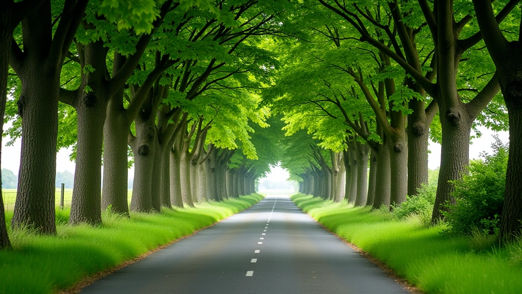 Quiet country lane lined with trees, perfect for cycling with minimal traffic