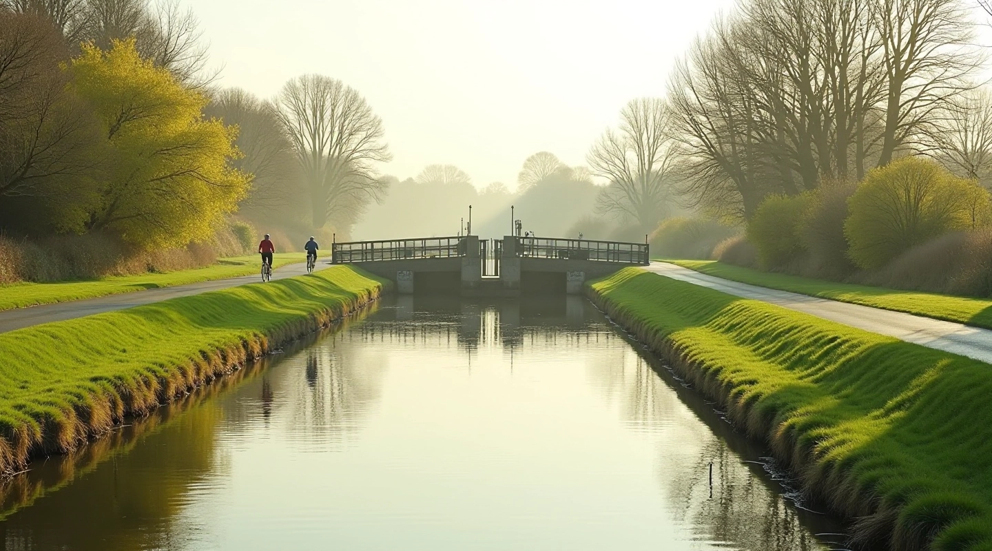 Scenic cycling route along the Shannon towpath with green banks, historic lock systems, and peaceful rural Irish landscape