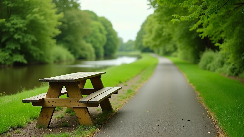 Picnic bench beside canal towpath, quiet rural setting with trees and water visible, peaceful rest spot